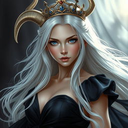 A realistic depiction of a stunning young goddess with flowing white hair and captivating blue eyes