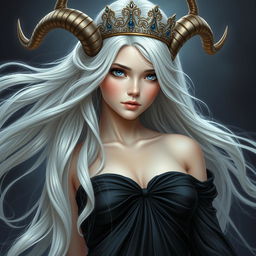 A realistic depiction of a stunning young goddess with flowing white hair and captivating blue eyes