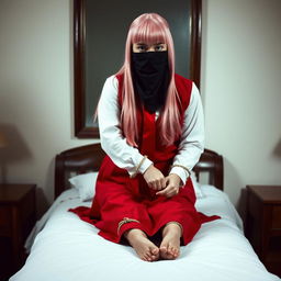 A young woman with long pink hair styled neatly, dressed in a long-sleeved white shirt, a long red skirt, a red tie, and a red vest