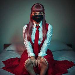 A young woman with long pink hair styled neatly, dressed in a long-sleeved white shirt, a long red skirt, a red tie, and a red vest