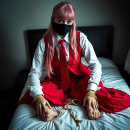 A young woman with long pink hair styled neatly, dressed in a long-sleeved white shirt, a long red skirt, a red tie, and a red vest
