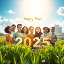 A serene landscape depicting hope for the year 2025, showcasing a diverse group of people from various cultures, standing together in harmony