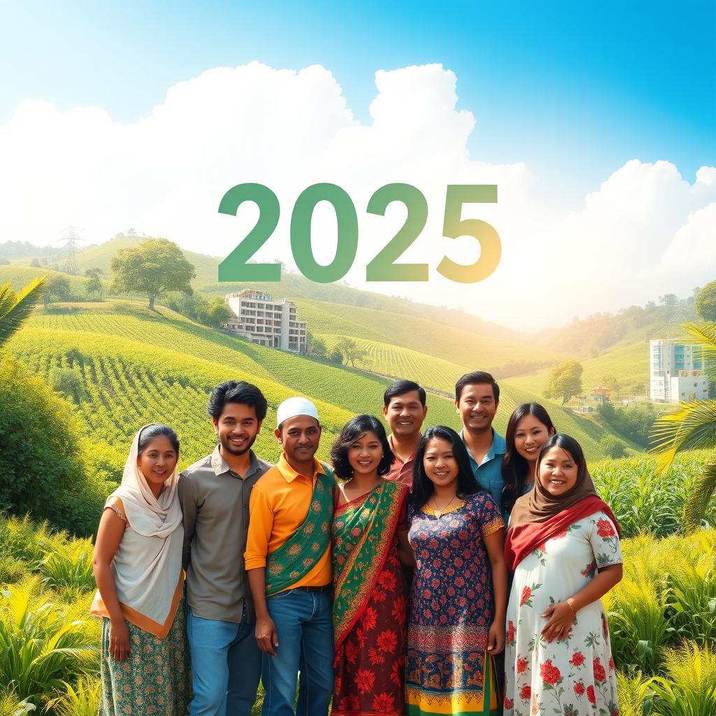 A serene landscape depicting hope for the year 2025, showcasing a diverse group of people from various cultures, standing together in harmony