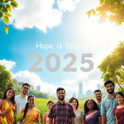 A serene landscape depicting hope for the year 2025, showcasing a diverse group of people from various cultures, standing together in harmony