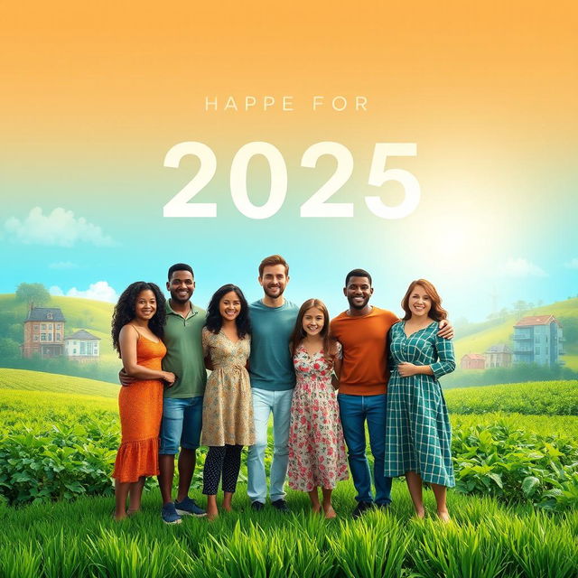 A serene landscape depicting hope for the year 2025, showcasing a diverse group of people from various cultures, standing together in harmony