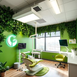 A dental clinic interior designed with a green theme, featuring lush green walls and an atmosphere that promotes relaxation