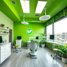A dental clinic interior designed with a green theme, featuring lush green walls and an atmosphere that promotes relaxation