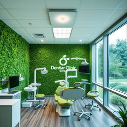 A dental clinic interior designed with a green theme, featuring lush green walls and an atmosphere that promotes relaxation