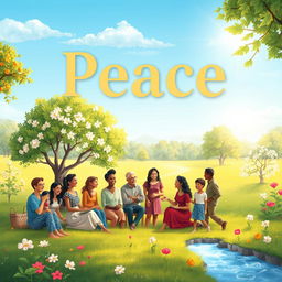 A serene landscape embodying peace and tranquility, featuring a diverse group of people from various cultures and backgrounds gathered together in harmony