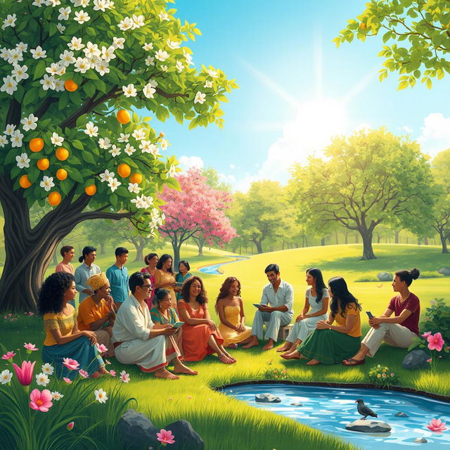 A serene landscape embodying peace and tranquility, featuring a diverse group of people from various cultures and backgrounds gathered together in harmony