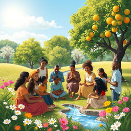 A serene landscape embodying peace and tranquility, featuring a diverse group of people from various cultures and backgrounds gathered together in harmony