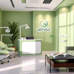 A dental clinic interior with a green theme, featuring modern dental chairs and equipment