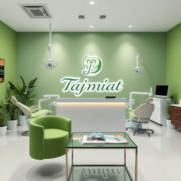 A dental clinic interior with a green theme, featuring modern dental chairs and equipment