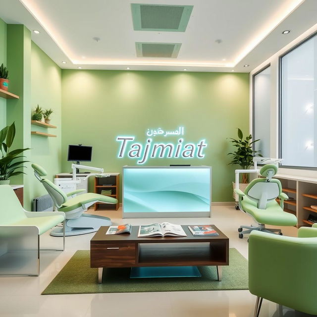 A dental clinic interior with a green theme, featuring modern dental chairs and equipment