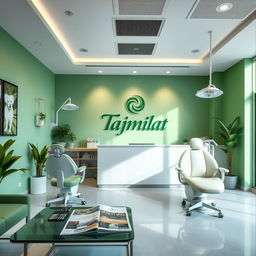 A dental clinic interior with a green theme, featuring modern dental chairs and equipment