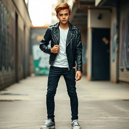 A cool boy outfit featuring a stylish white shirt paired with a sleek black leather jacket