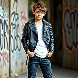 A cool boy outfit featuring a stylish white shirt paired with a sleek black leather jacket