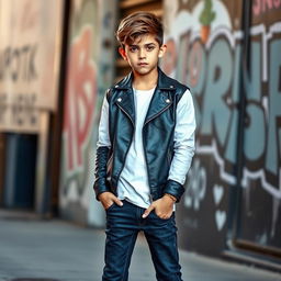 A cool boy outfit featuring a stylish white shirt paired with a sleek black leather jacket