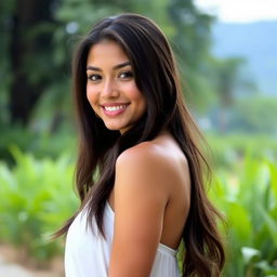 A beautiful 20-year-old Nicaraguan woman, standing confidently and elegantly, showcasing her natural beauty