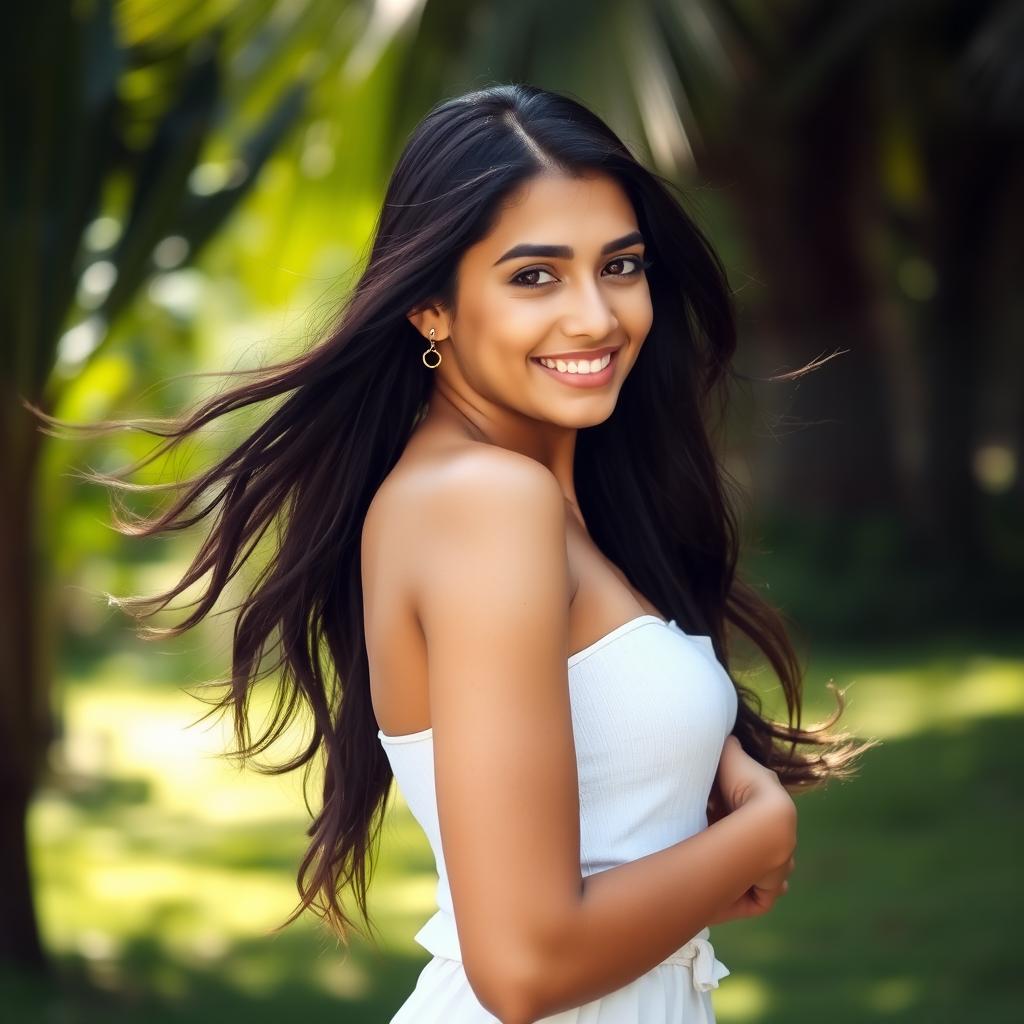 A beautiful 20-year-old Nicaraguan woman, standing confidently and elegantly, showcasing her natural beauty