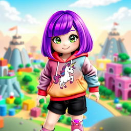 A cute girl Roblox character with vibrant purple hair styled in a trendy bob cut, wearing a colorful, oversized hoodie that features a playful graphic design of a unicorn