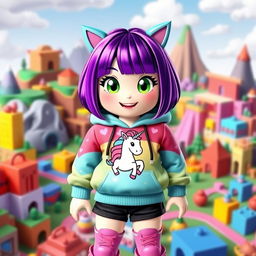 A cute girl Roblox character with vibrant purple hair styled in a trendy bob cut, wearing a colorful, oversized hoodie that features a playful graphic design of a unicorn