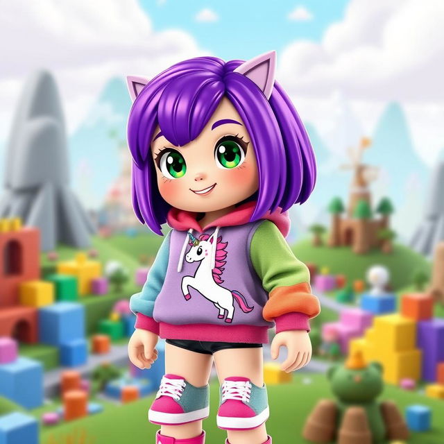 A cute girl Roblox character with vibrant purple hair styled in a trendy bob cut, wearing a colorful, oversized hoodie that features a playful graphic design of a unicorn