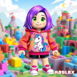 A cute girl Roblox character with vibrant purple hair styled in a trendy bob cut, wearing a colorful, oversized hoodie that features a playful graphic design of a unicorn