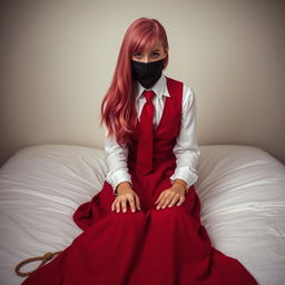 A young woman with long, flowing pink hair styled neatly, wearing a crisp long-sleeved white shirt paired with a long red skirt
