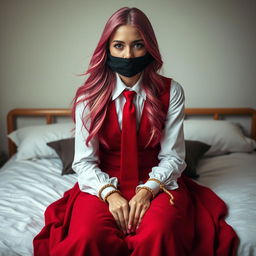 A young woman with long, flowing pink hair styled neatly, wearing a crisp long-sleeved white shirt paired with a long red skirt