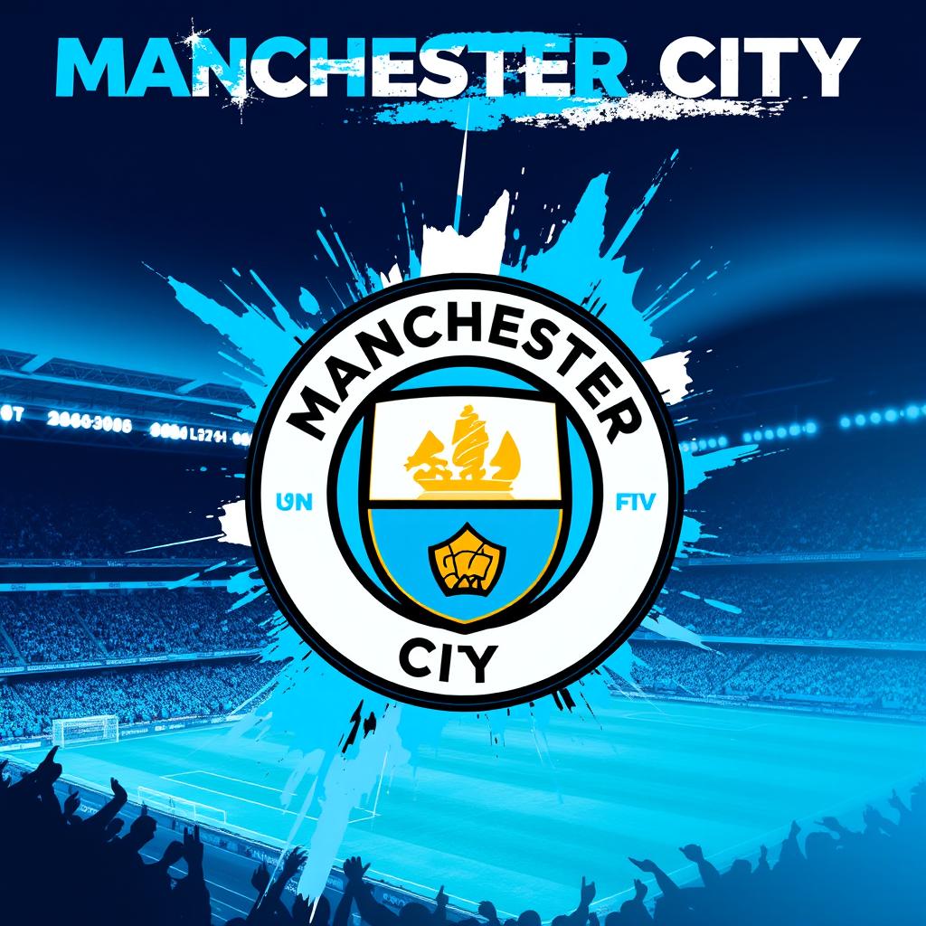 A dynamic and vibrant wallpaper themed around Manchester City Football Club, featuring their iconic sky blue colors