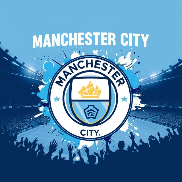 A dynamic and vibrant wallpaper themed around Manchester City Football Club, featuring their iconic sky blue colors