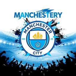 A dynamic and vibrant wallpaper themed around Manchester City Football Club, featuring their iconic sky blue colors