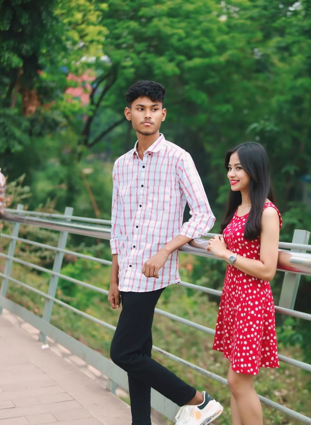 A young couple standing together in a lush green outdoor park, with the man wearing a stylish striped shirt and the woman in a vibrant floral dress, both smiling happily