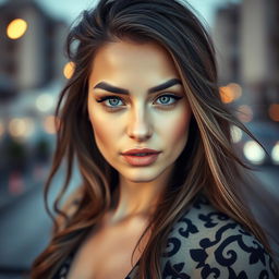 A close-up portrait of a stylish young woman with a striking expression, showcasing her flawless makeup and long, flowing hair
