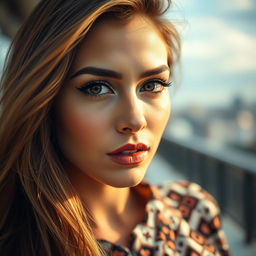 A close-up portrait of a stylish young woman with a striking expression, showcasing her flawless makeup and long, flowing hair