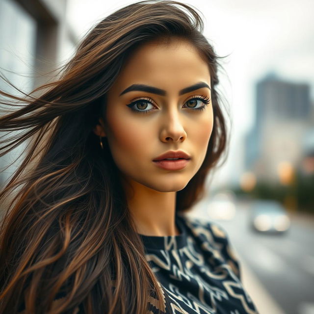 A close-up portrait of a stylish young woman with a striking expression, showcasing her flawless makeup and long, flowing hair