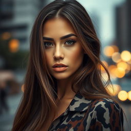 A close-up portrait of a stylish young woman with a striking expression, showcasing her flawless makeup and long, flowing hair