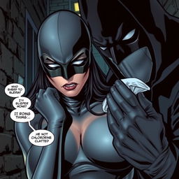 A dramatic comic book scene featuring a sexy, sleepy, scared black masked superheroine in a sleek silver costume