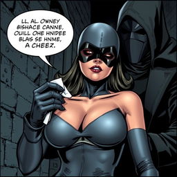 A dramatic comic book scene featuring a sexy, sleepy, scared black masked superheroine in a sleek silver costume