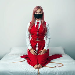 A young woman with long, beautifully styled pink hair, dressed in a neat long-sleeved white shirt, a flowing long red skirt, a matching red tie, and a fitted red vest