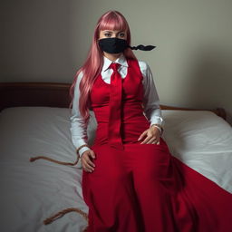 A young woman with long, beautifully styled pink hair, dressed in a neat long-sleeved white shirt, a flowing long red skirt, a matching red tie, and a fitted red vest