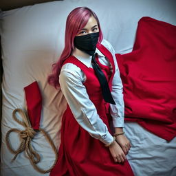 A young woman with long, beautifully styled pink hair, dressed in a neat long-sleeved white shirt, a flowing long red skirt, a matching red tie, and a fitted red vest