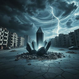 A destroyed urban square of a modern city, featuring a small crater in the center, from which a huge black crystal protrudes, emanating a soft white light that pulsates gently