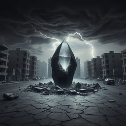 A destroyed urban square of a modern city, featuring a small crater in the center, from which a huge black crystal protrudes, emanating a soft white light that pulsates gently