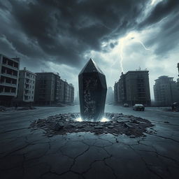A destroyed urban square of a modern city, featuring a small crater in the center, from which a huge black crystal protrudes, emanating a soft white light that pulsates gently