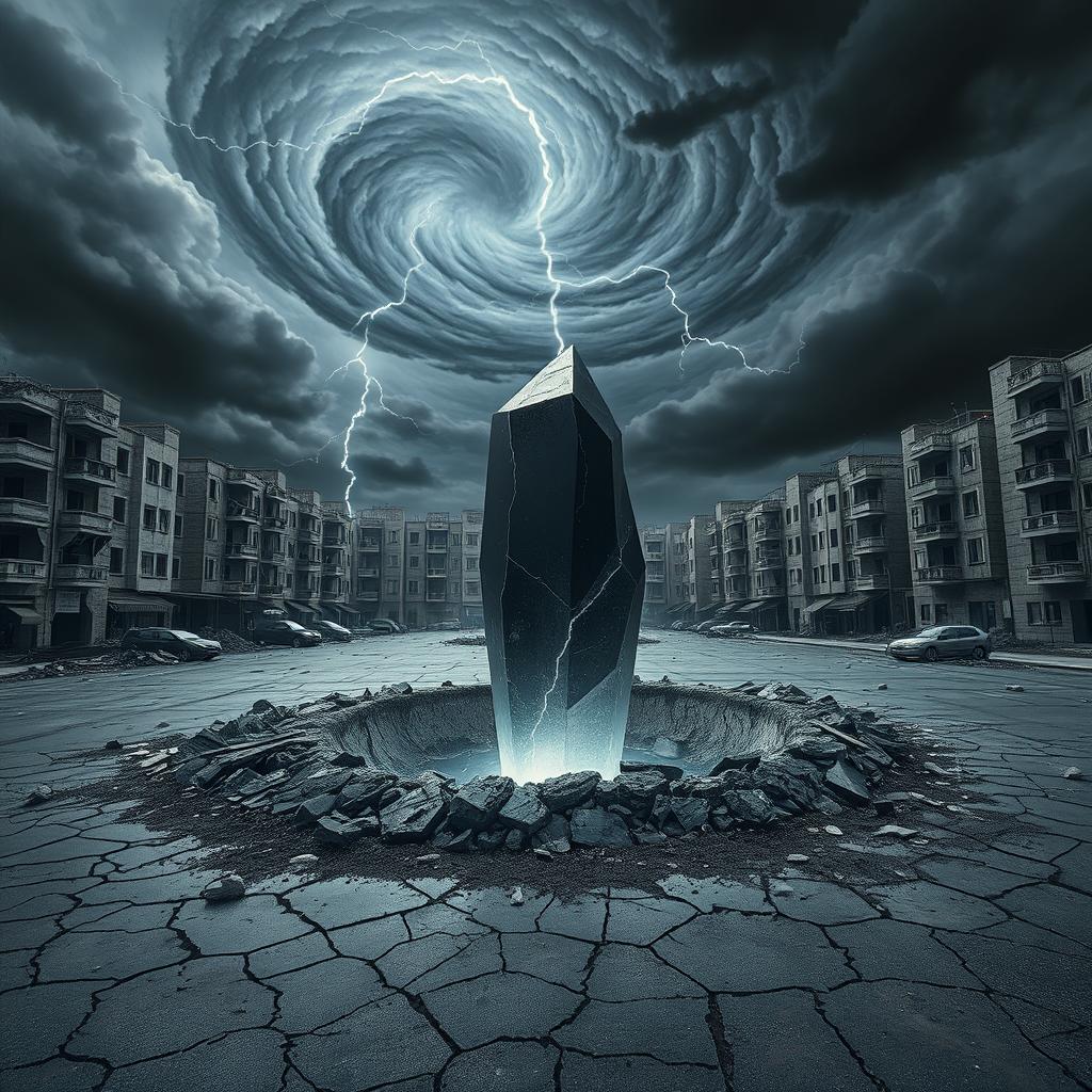 A destroyed urban square of a modern city, featuring a small crater in the center, from which a huge black crystal protrudes, emanating a soft white light that pulsates gently