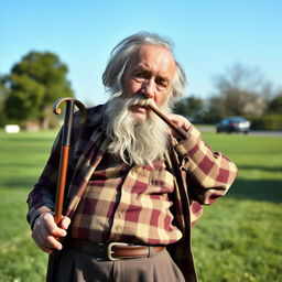 An old man with a weathered face, leaning back slightly while resting one hand on the top of his walking stick, which is positioned behind his head