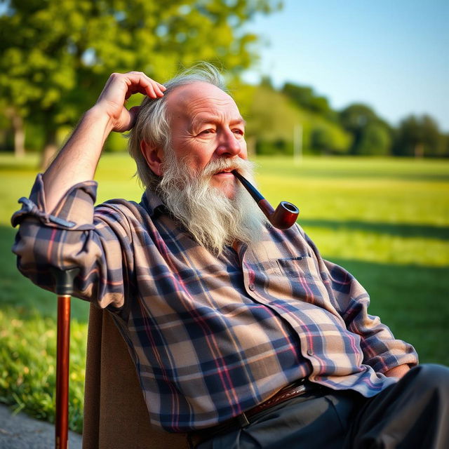 An old man with a weathered face, leaning back slightly while resting one hand on the top of his walking stick, which is positioned behind his head