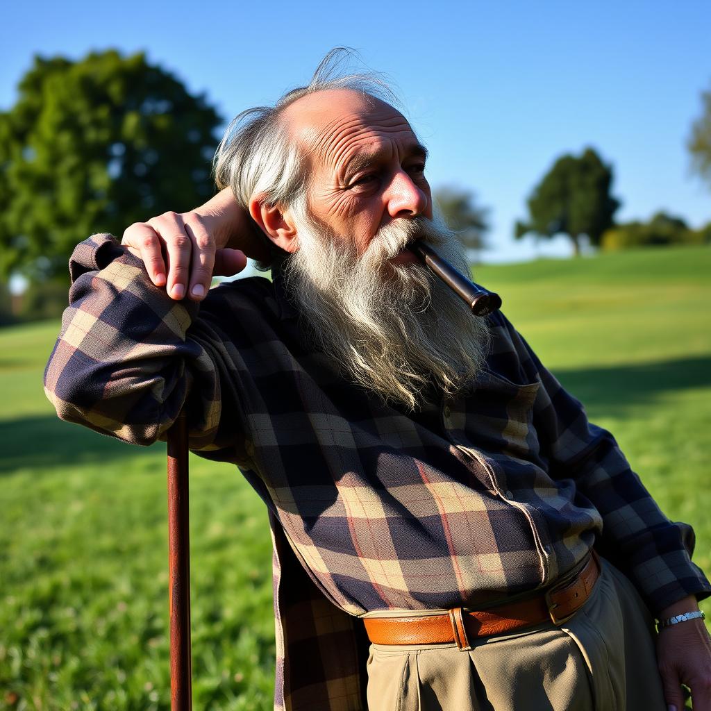 An old man with a weathered face, leaning back slightly while resting one hand on the top of his walking stick, which is positioned behind his head